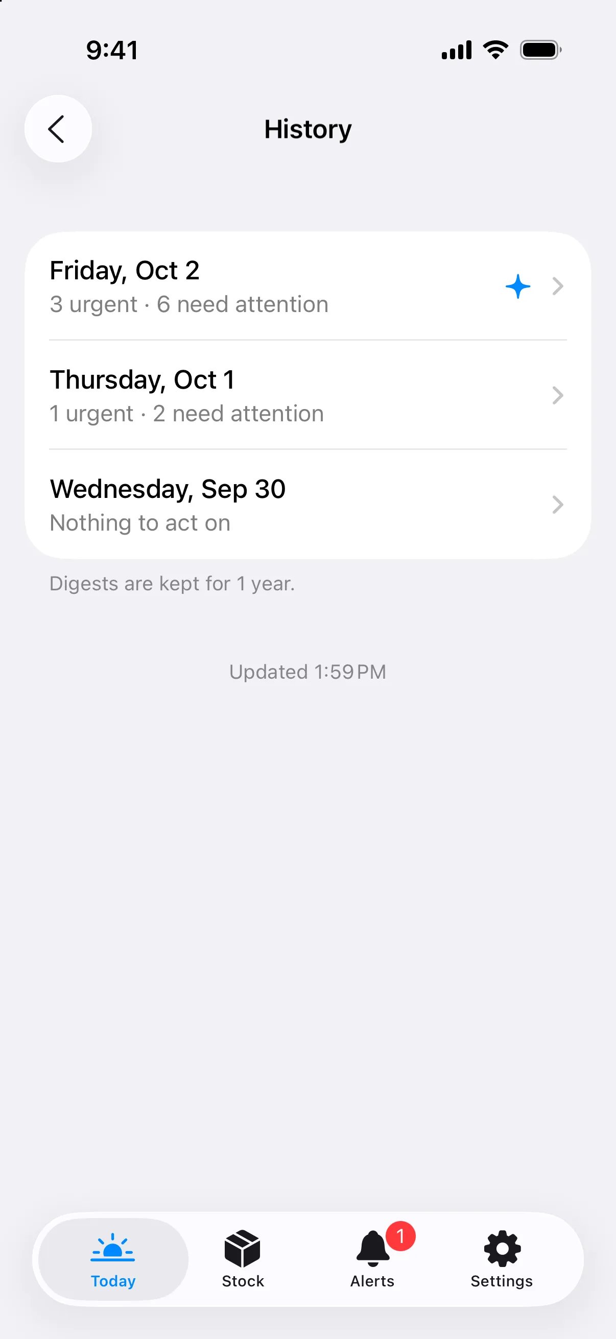 Sample History screen listing the last three digests