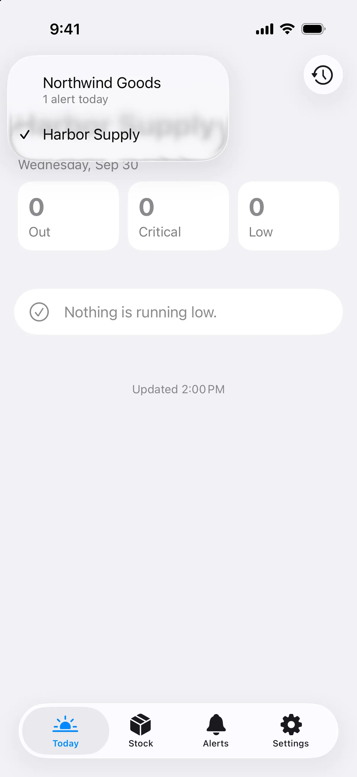 Sample store switcher with three stores and an alert count